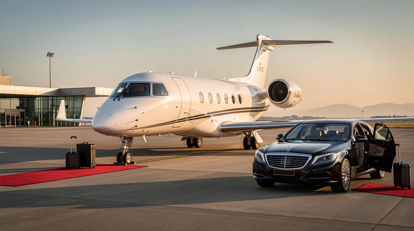 Private jet and luxury chauffeur vehicle for airport and travel