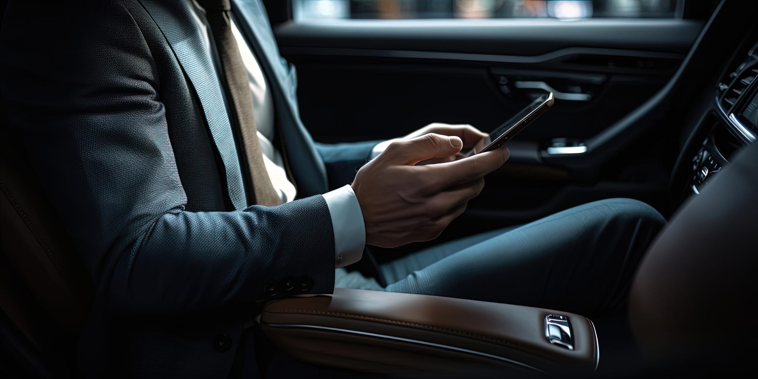 Executive passenger using a phone in a luxury vehicle